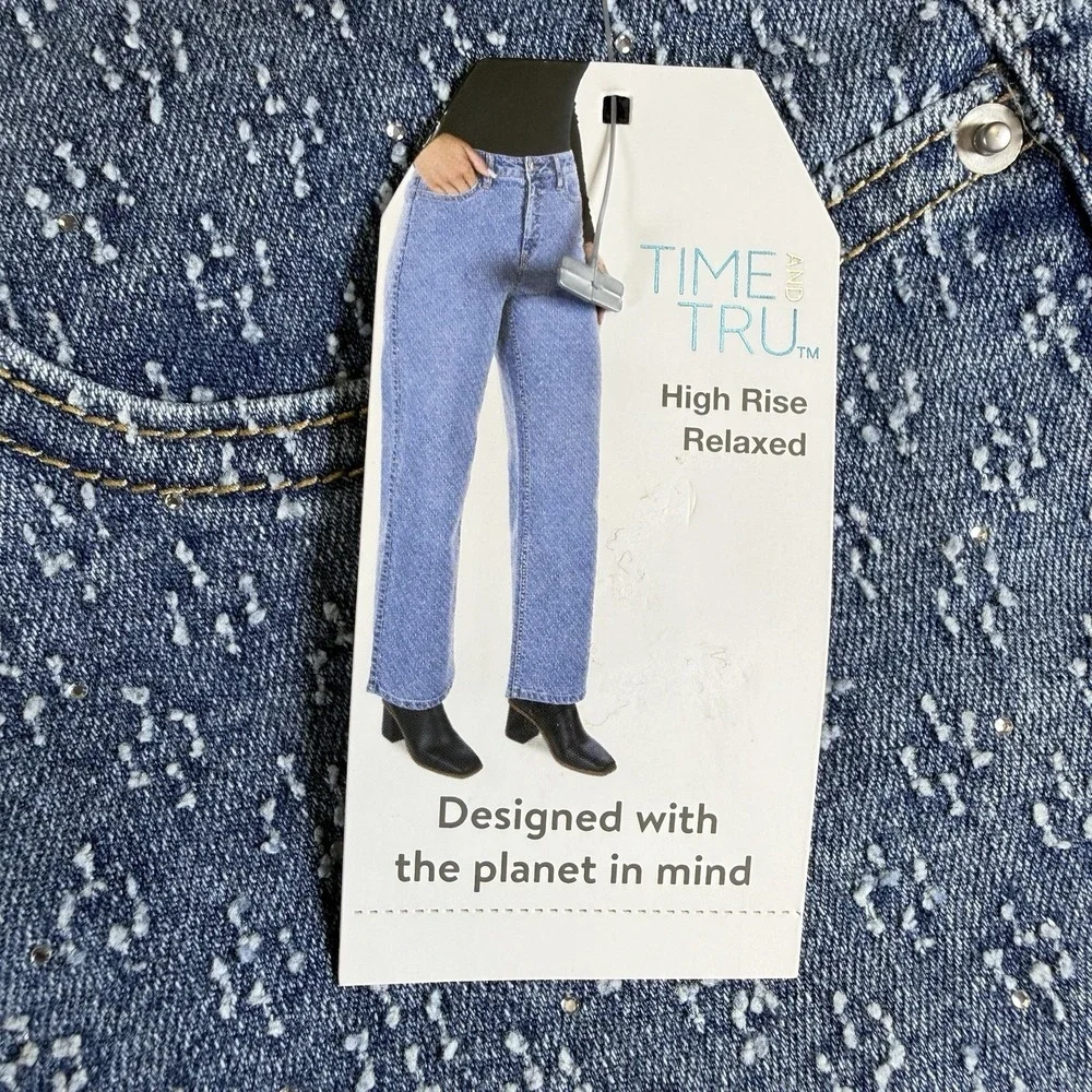 Time & Tru Jeans 16 High Rise Relaxed Light Wash Embellished Denim Stretch NWT‎
